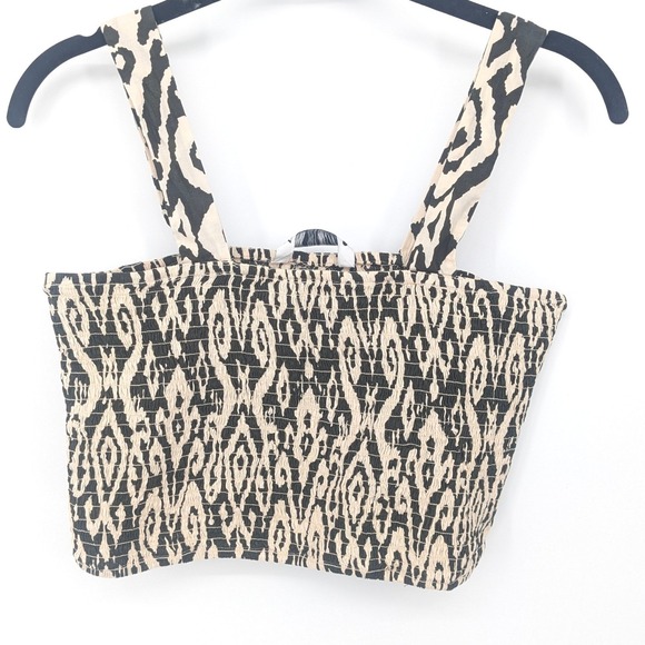 Zara Tops - Zara Womens‎ Smocked Ikat Print Crop Top Black Beige Cotton Stretch Large NWT